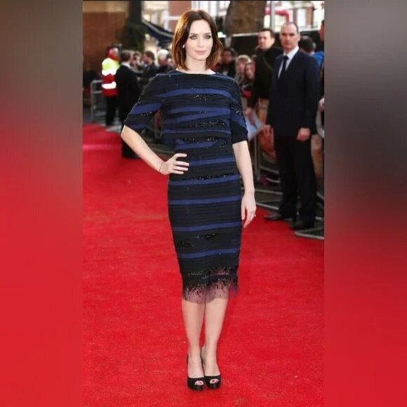 Carolina Herrera Grosgrain Beaded Sequin Navy/Black Cocktail Midi Dress Fall 12' - Picture 3 of 10